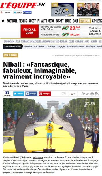 Anche i siti francesi coccolano Nibali. Ecco L&#39;Equipe. Ansa